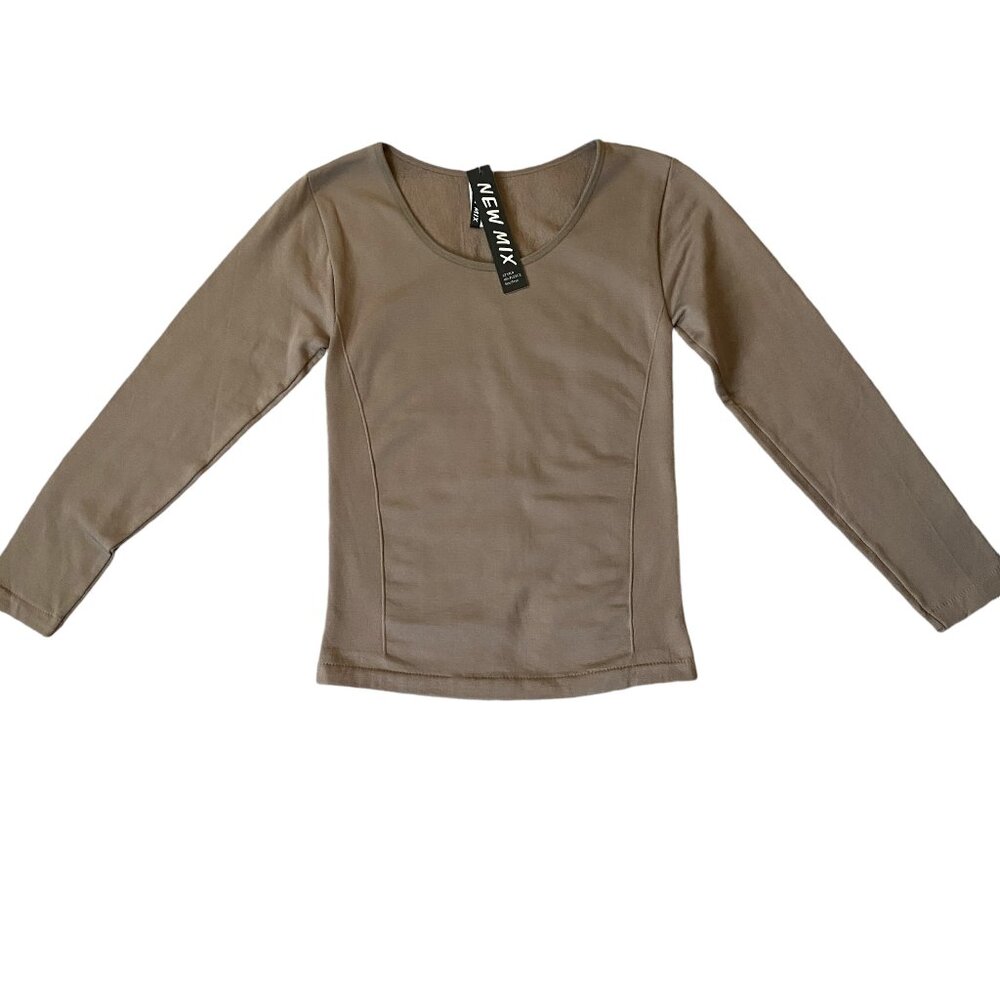 New Mix women's size XS-S tan fleece long sleeve scoop neck top NWT